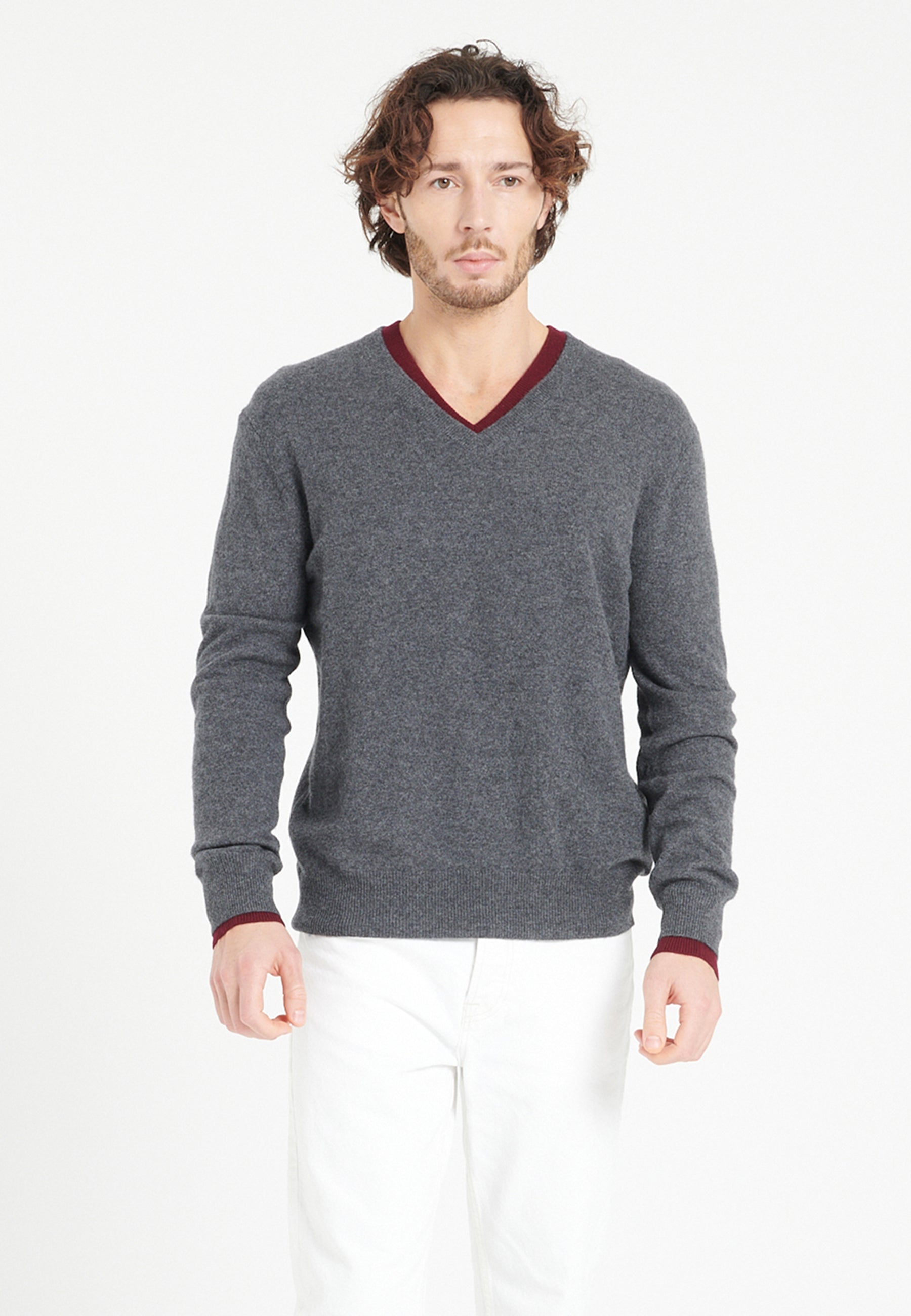 Pull col V homme en cachemire gris anthracite - LUKE 1