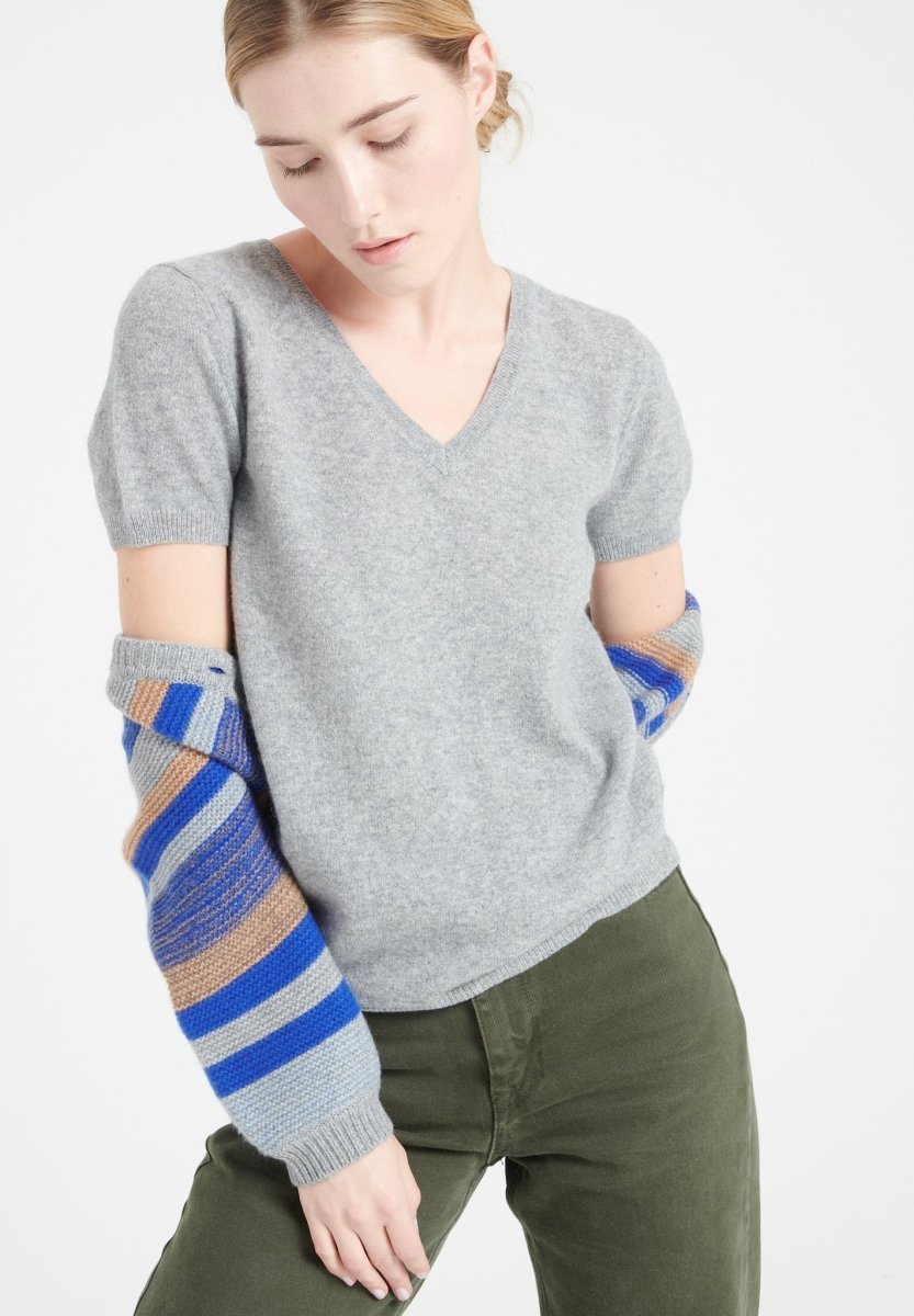 T-shirt col V femme en cachemire gris clair - LILLY 14