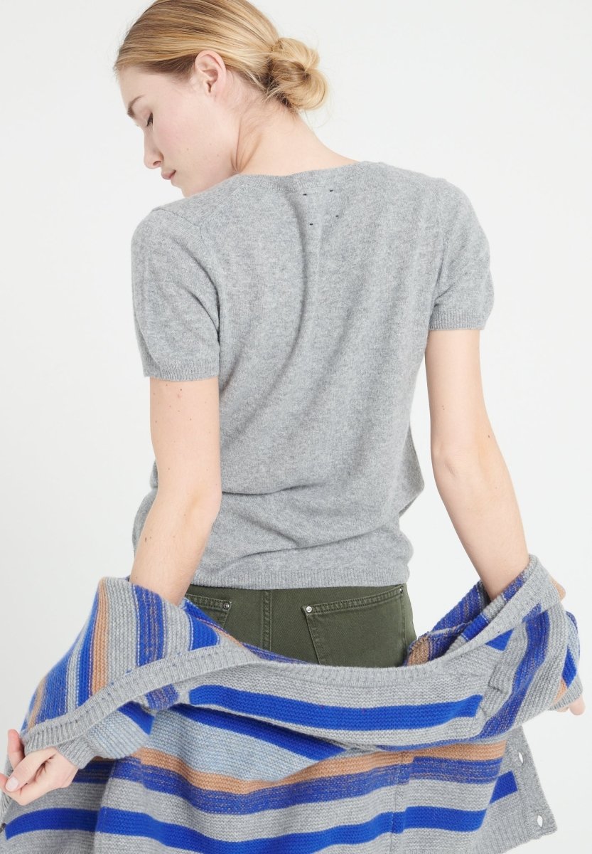T-shirt col V femme en cachemire gris clair - LILLY 14