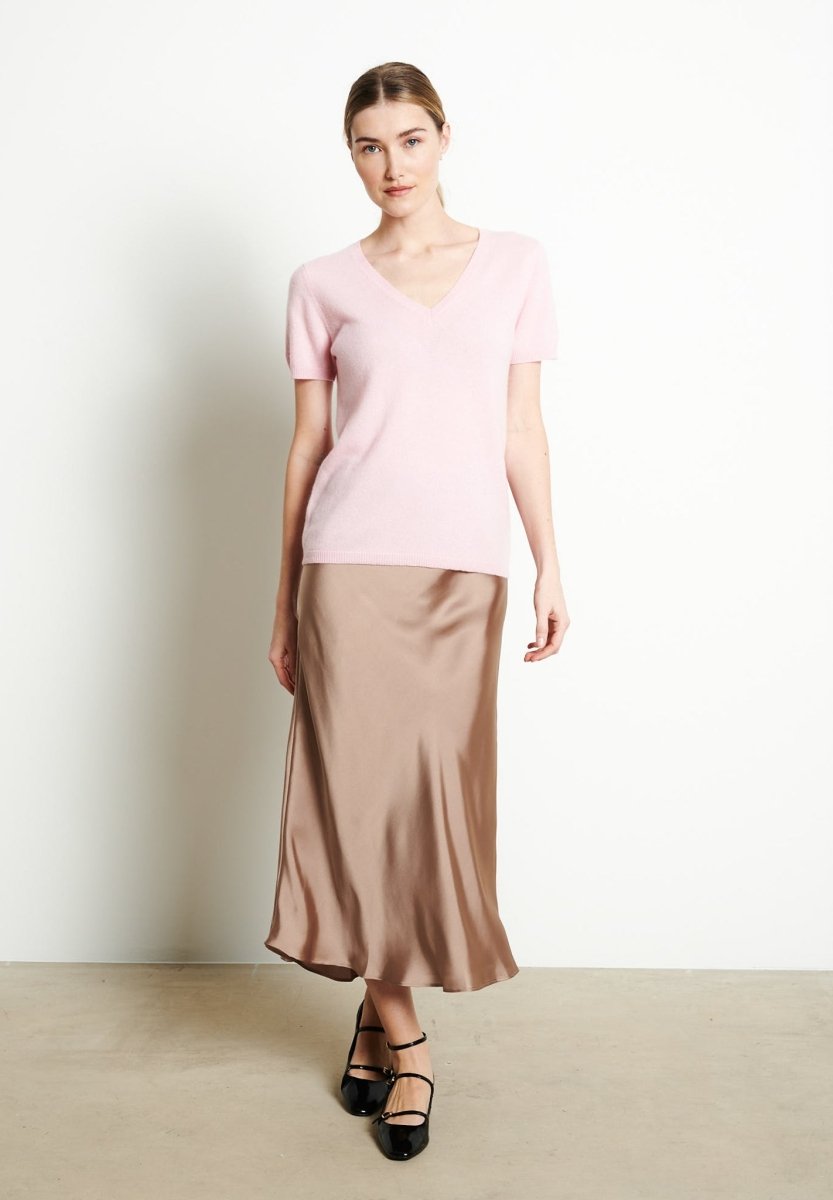 T-shirt col V femme en cachemire rose baby - LILLY 14