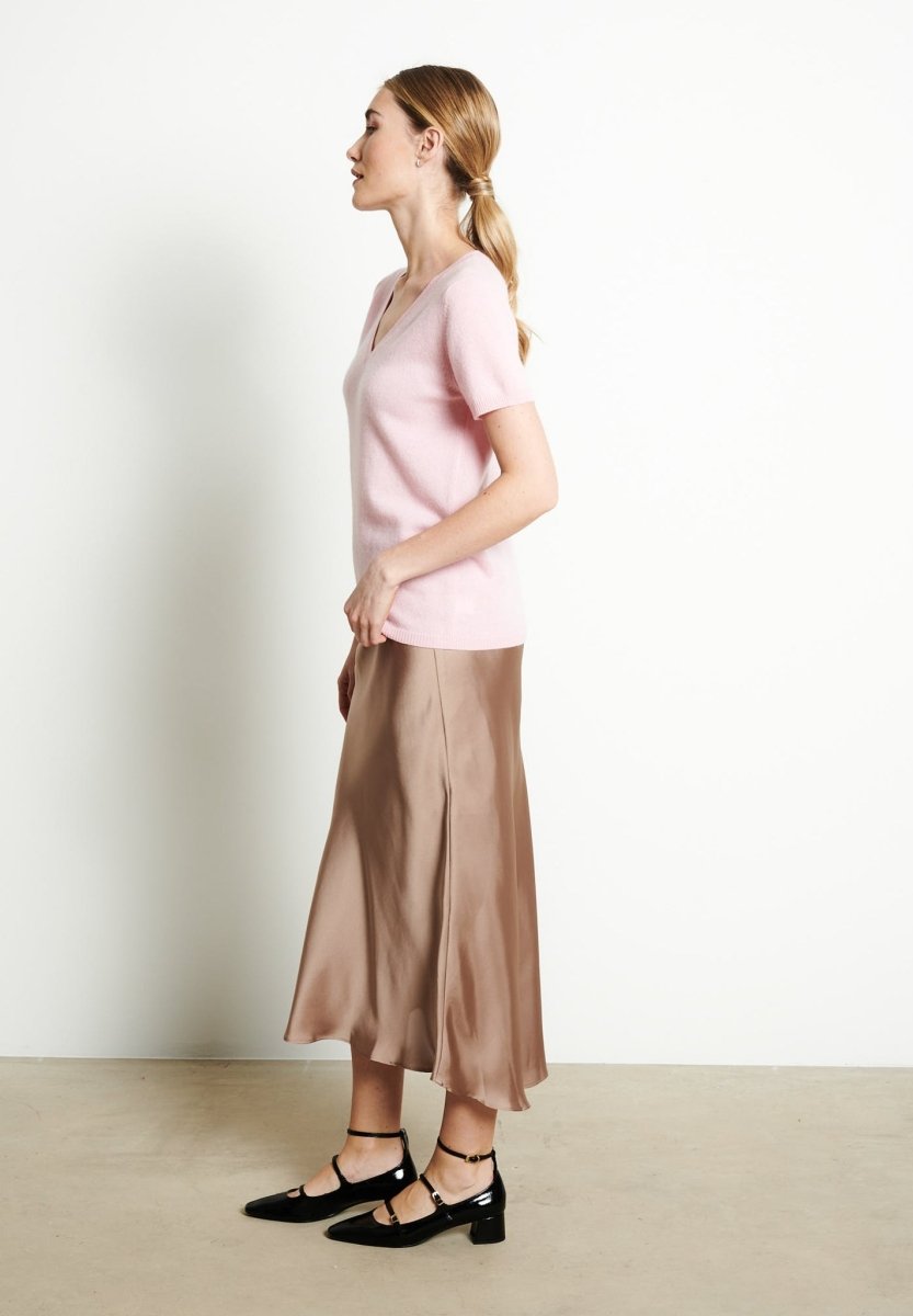 T-shirt col V femme en cachemire rose baby - LILLY 14