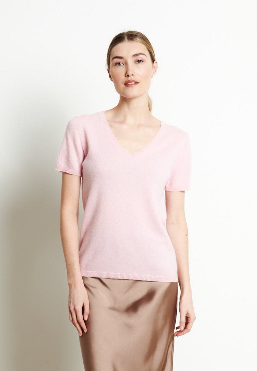 T-shirt col V femme en cachemire rose baby - LILLY 14