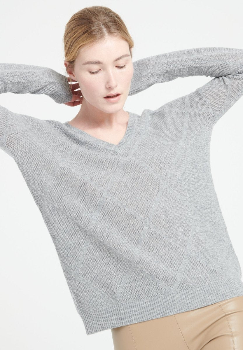 Pull col V femme en cachemire ajouré gris clair - LILLY 31