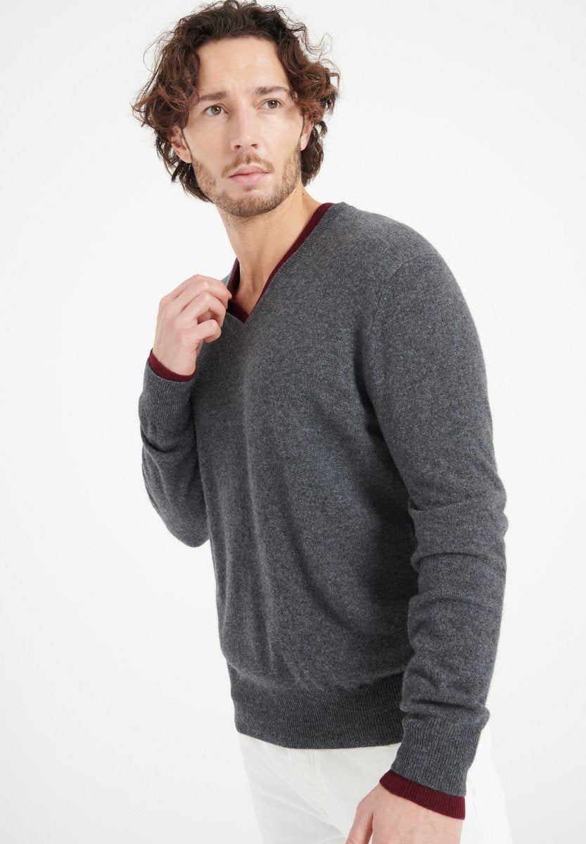 Pull col V homme en cachemire gris anthracite - LUKE 1