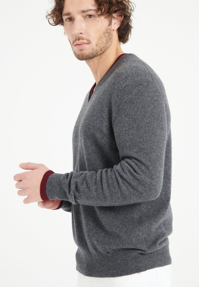 Pull col V homme en cachemire gris anthracite - LUKE 1