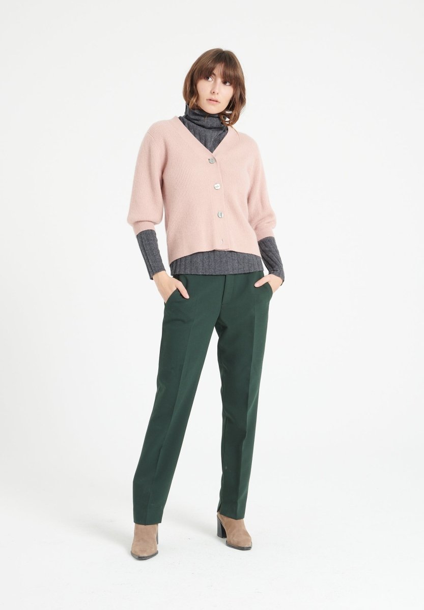 Cardigan col V manches courtes femme en cachemire rose poudré - MIA 13