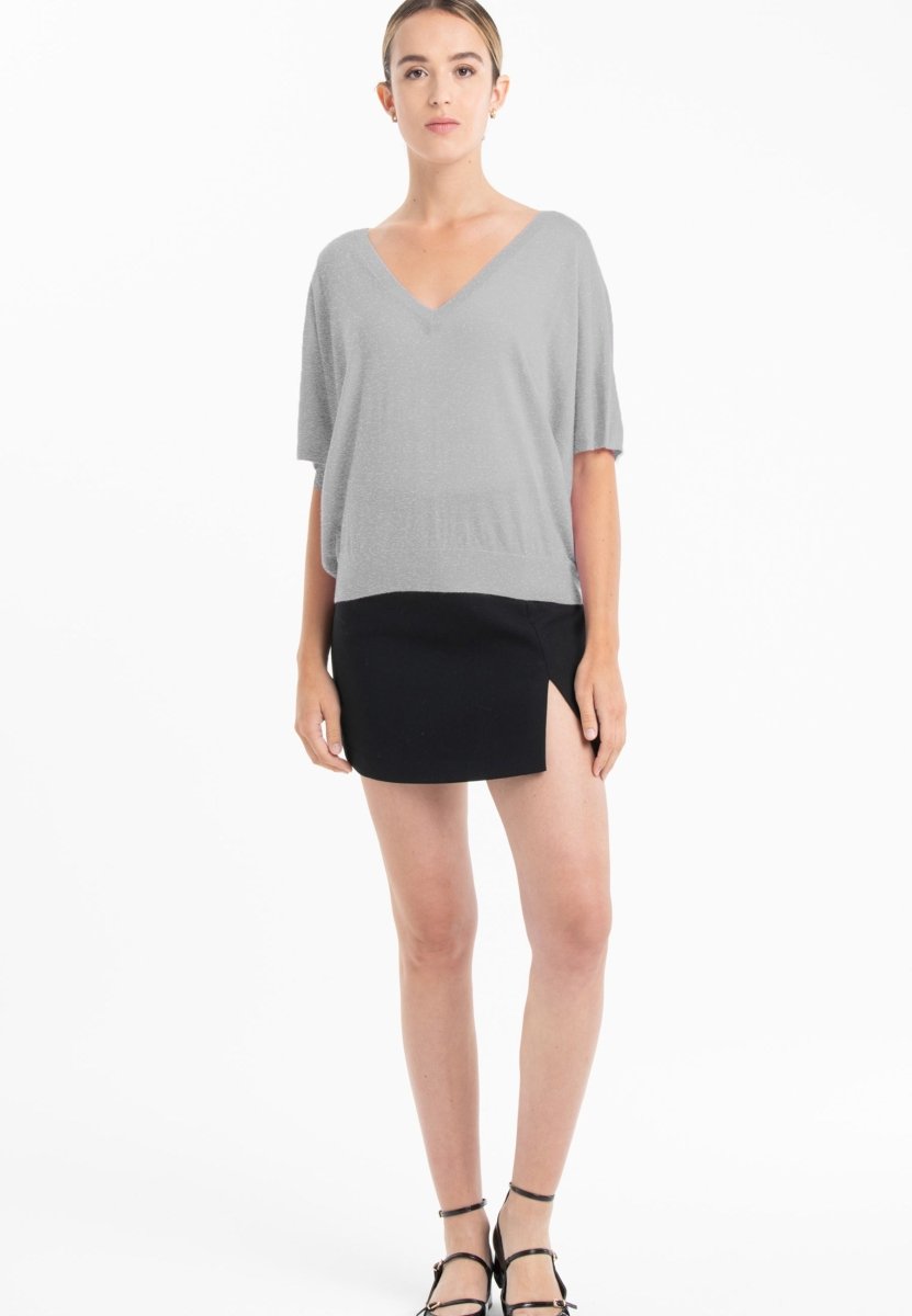 Pull col V à manches chauve souris femme en cachemire & laine ultrafin gris - KELLY 6
