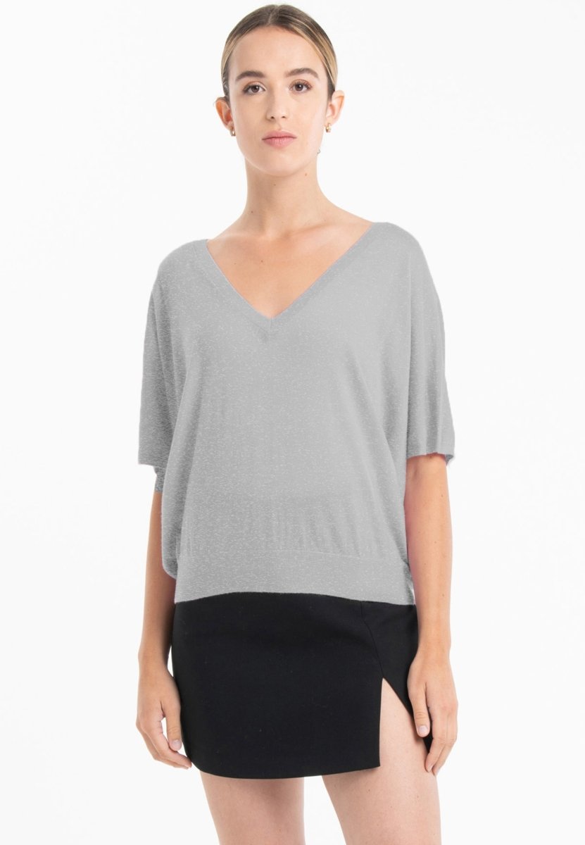 Pull col V à manches chauve souris femme en cachemire & laine ultrafin gris - KELLY 6