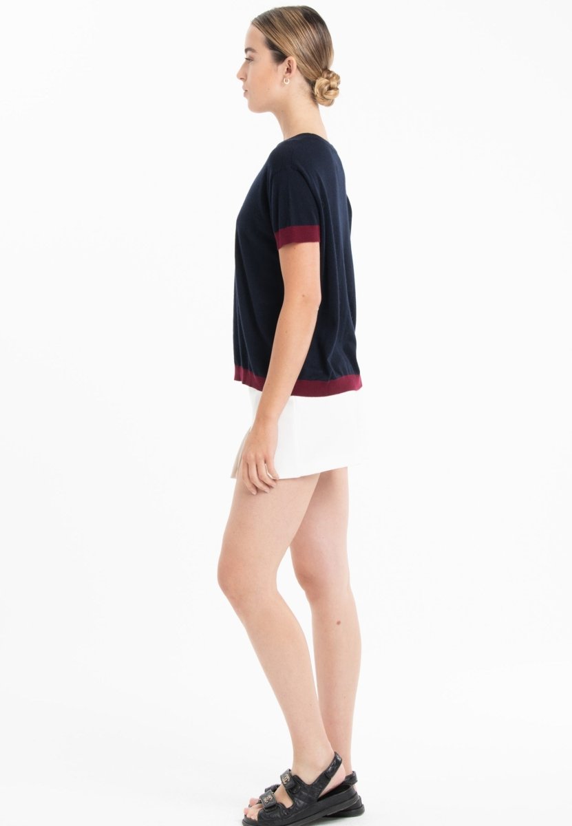 T shirt col rond manches courtes femme en cachemire & laine ultrafin bleu marine & rouge bordeaux - KELLY 1