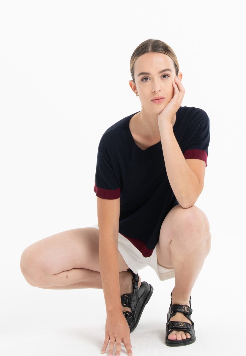 T shirt col rond manches courtes femme en cachemire & laine ultrafin bleu marine & rouge bordeaux - KELLY 1