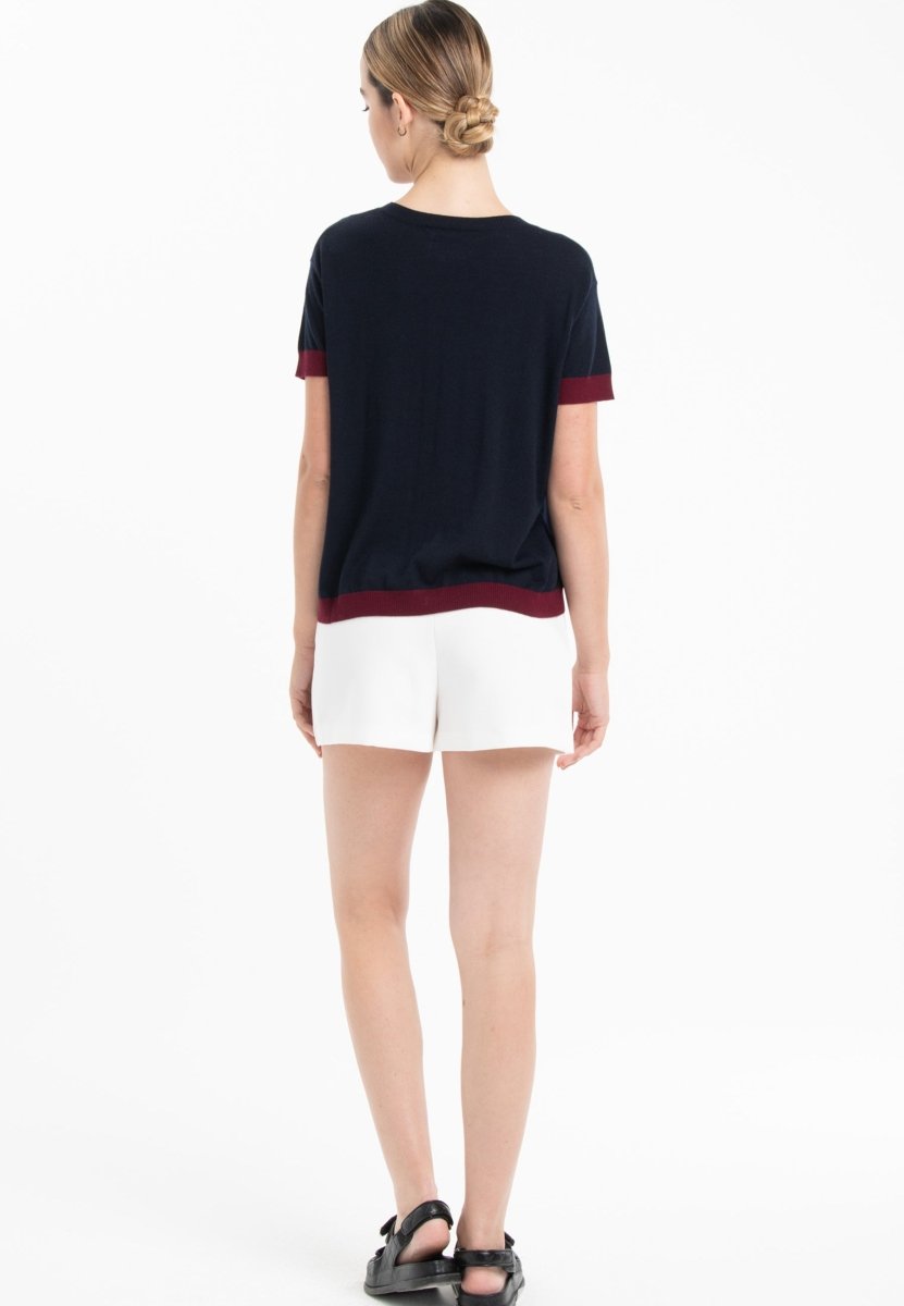 T shirt col rond manches courtes femme en cachemire & laine ultrafin bleu marine & rouge bordeaux - KELLY 1