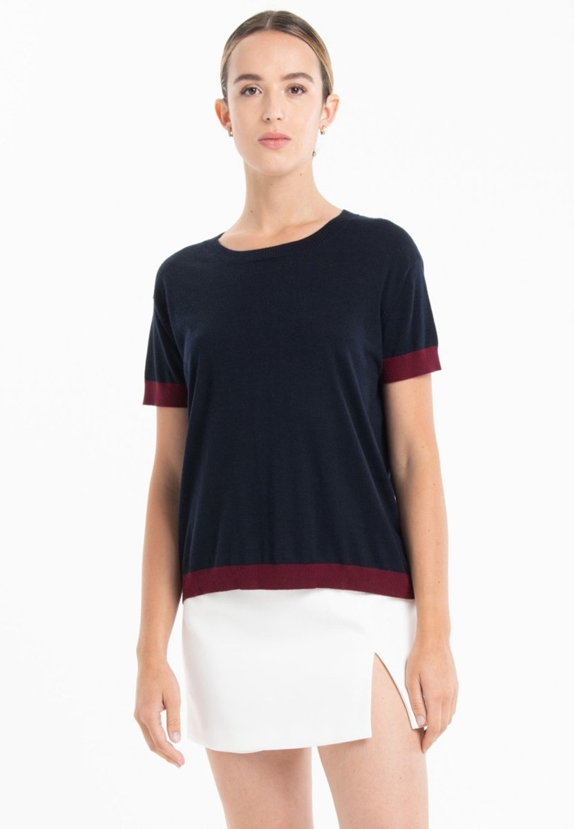 T shirt col rond manches courtes femme en cachemire & laine ultrafin bleu marine & rouge bordeaux - KELLY 1